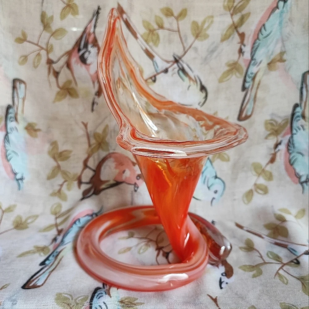 Jack In The Pulpit Blown Glass Swirled Orange Vintage Flower Vase Pontil Mark